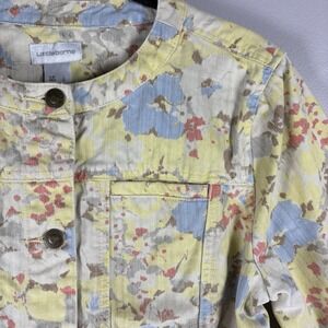 Liz Claiborne Women's Large Yellow Floral Button Front Band Collar‎ Denim Jacket